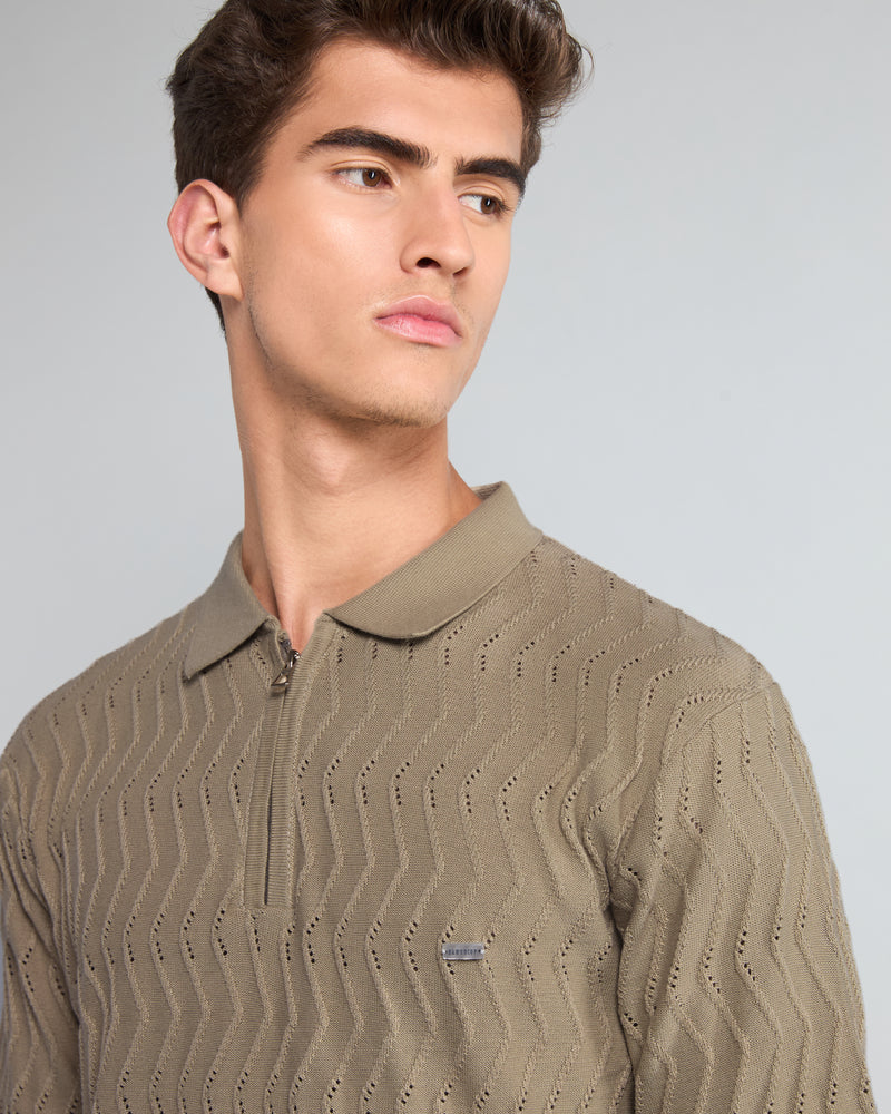 Eclipse Cream Knitted Cotton Zipper Polo T-Shirt |Hamercop