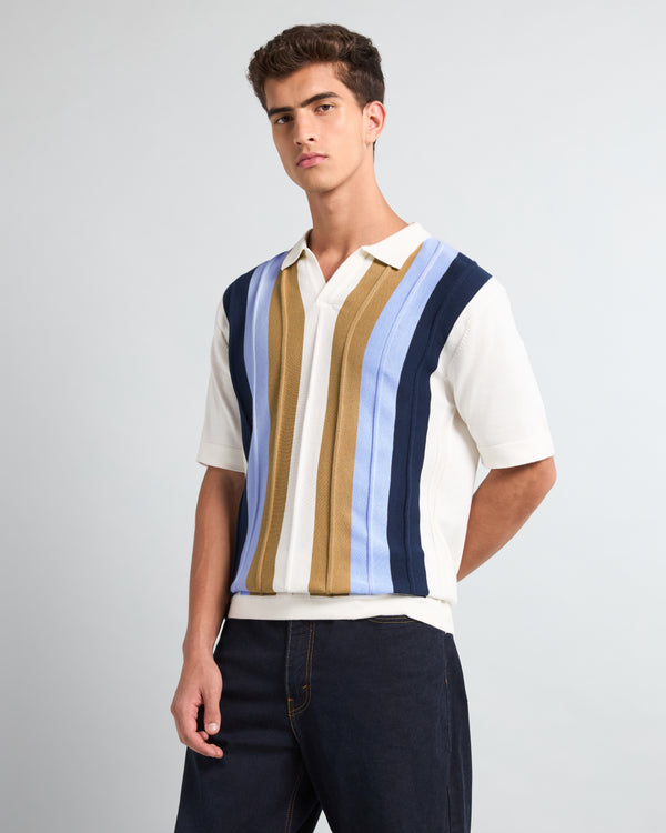 Blue With White Candy Stripe Knitted Cotton Polo T-Shirt