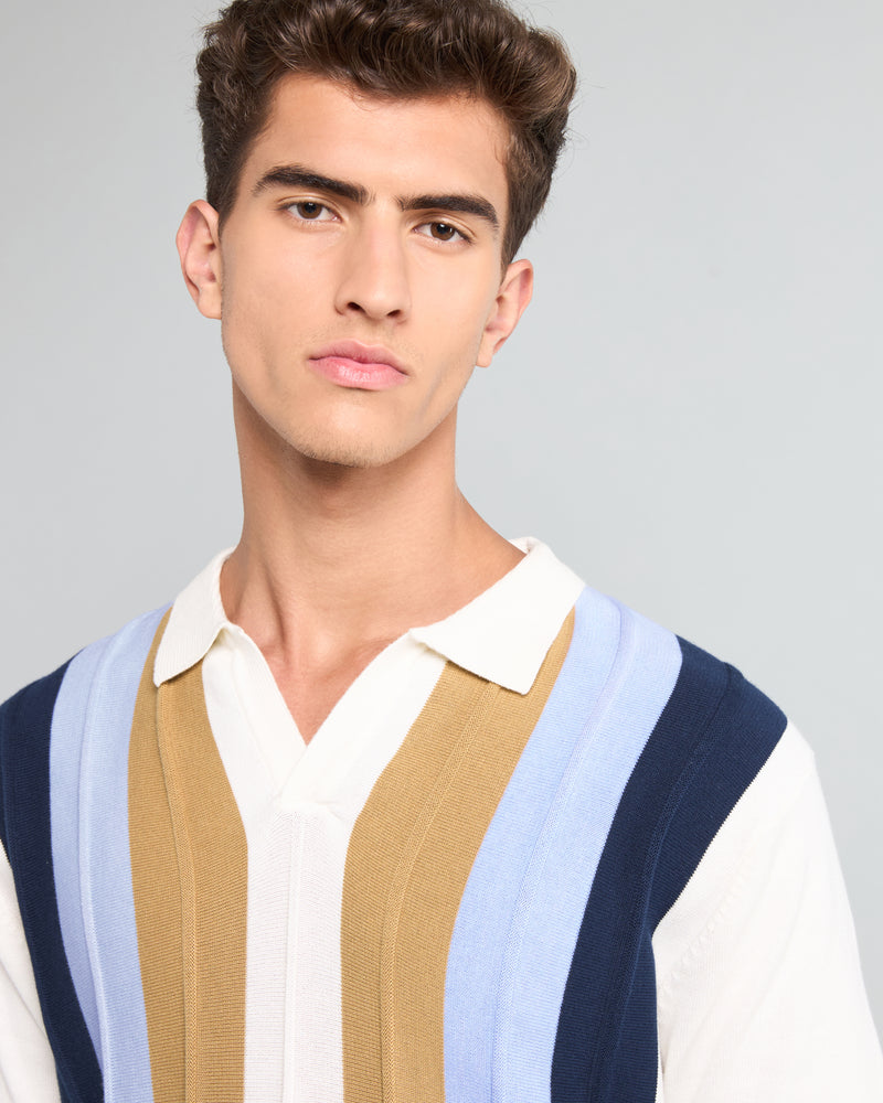 Blue With White Candy Stripe Knitted Cotton Polo T-Shirt