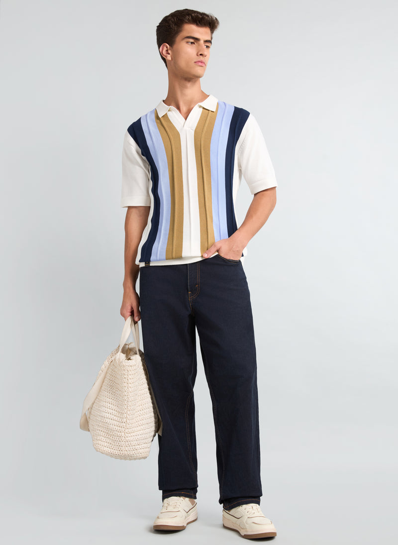 Blue With White Candy Stripe Knitted Cotton Polo T-Shirt