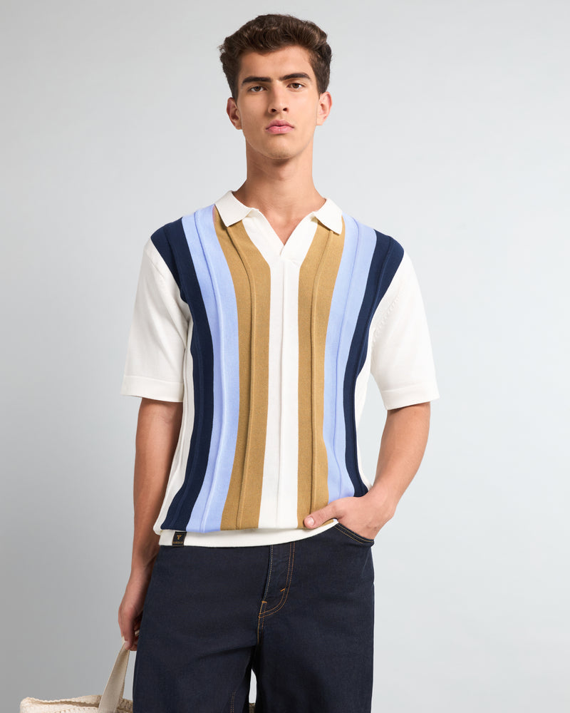 Blue With White Candy Stripe Knitted Cotton Polo T-Shirt