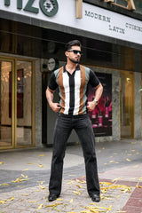 Brown With Black Candy Stripe Knitted Cotton Polo T-Shirt
