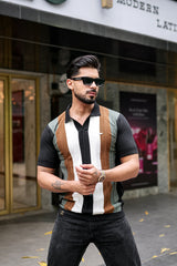 Brown With Black Candy Stripe Knitted Cotton Polo T-Shirt