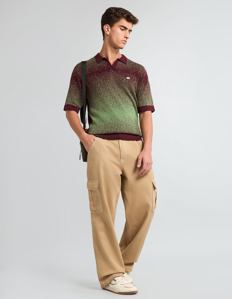Green Sprinkle With Maroon Knitted Cotton Polo T-Shirt
