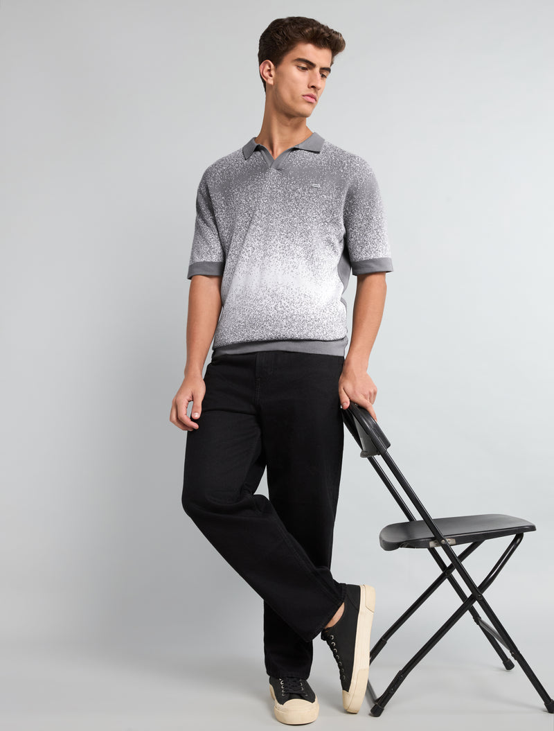 Gray Sprinkle With White Knitted Cotton Polo T-Shirt