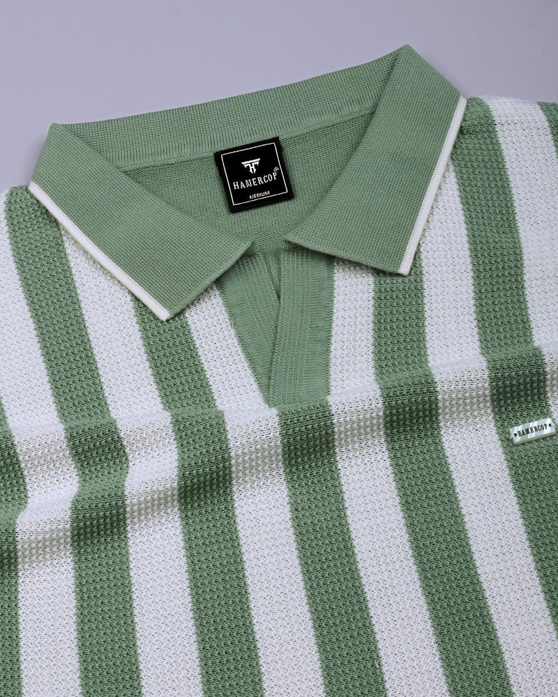Prime Mint Green With White Knitted Cotton Polo T-Shirt