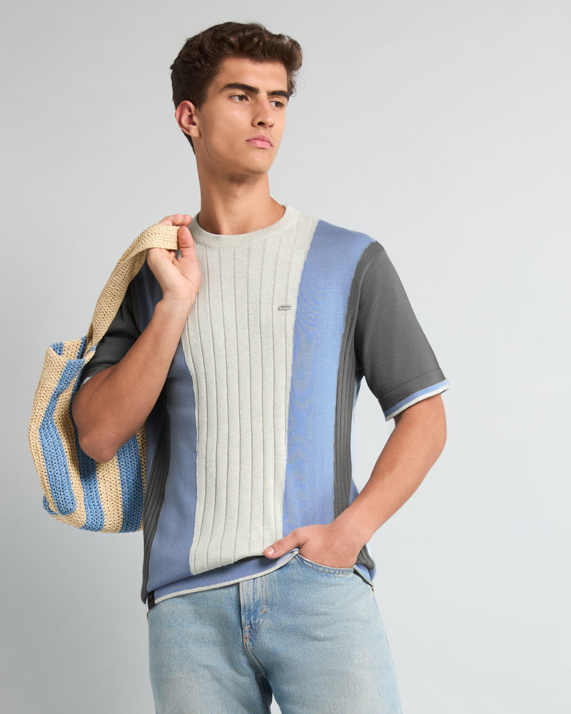 Formora Cream With Blue Knitted Cotton T-Shirt