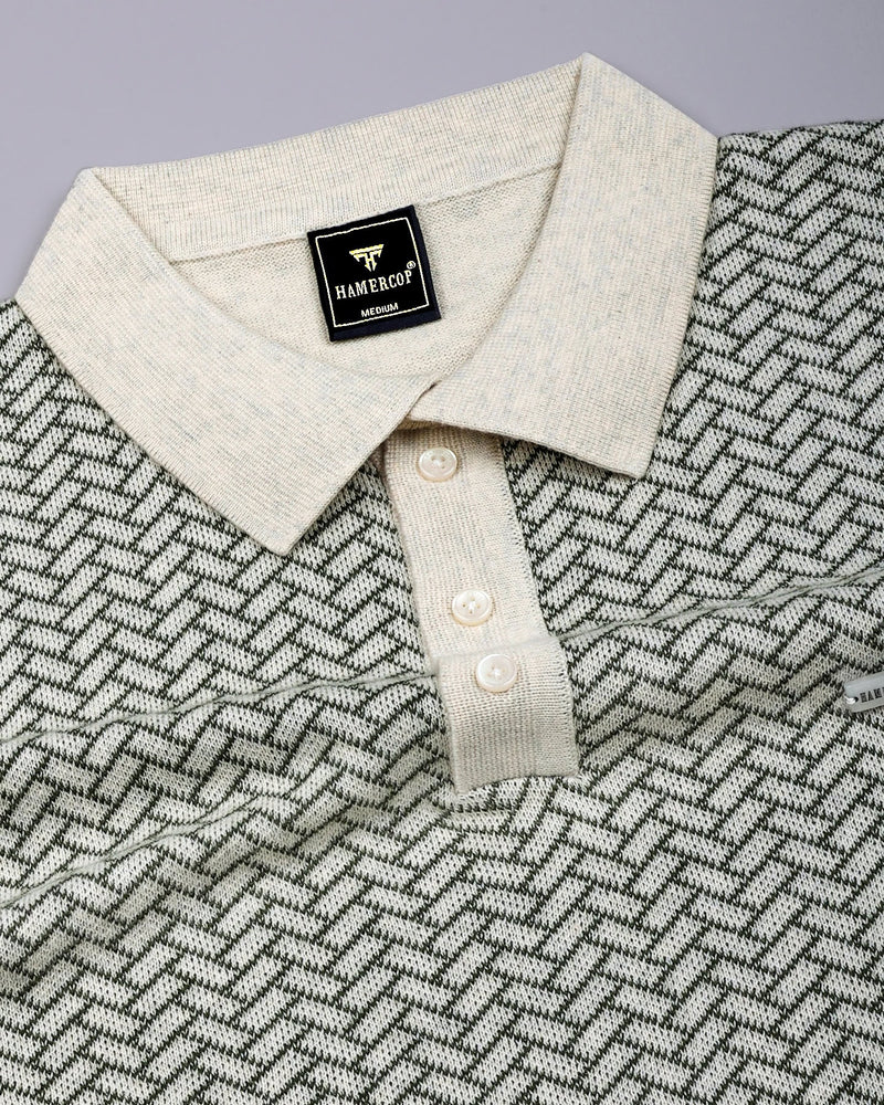 Loomiza Cream With Green Knitted Cotton Polo T-Shirt
