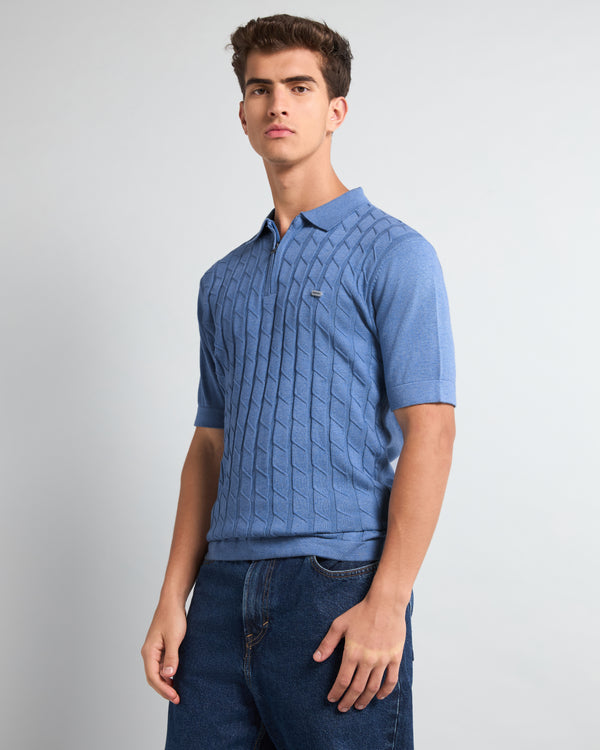 Tbesta SkyBlue Knitted Melange Cotton Zipper Polo T-Shirt