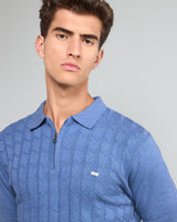 Tbesta SkyBlue Knitted Melange Cotton Zipper Polo T-Shirt