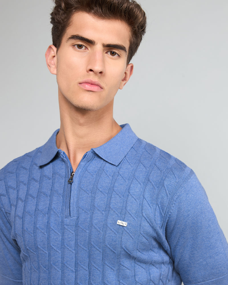 Tbesta SkyBlue Knitted Melange Cotton Zipper Polo T-Shirt