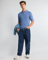 Tbesta SkyBlue Knitted Melange Cotton Zipper Polo T-Shirt