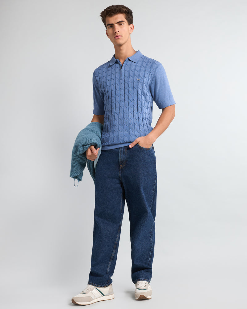 Tbesta SkyBlue Knitted Melange Cotton Zipper Polo T-Shirt