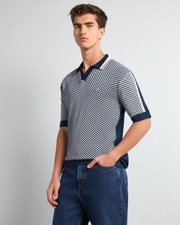 Tuna Blue With White Knitted Cotton Polo T-Shirt