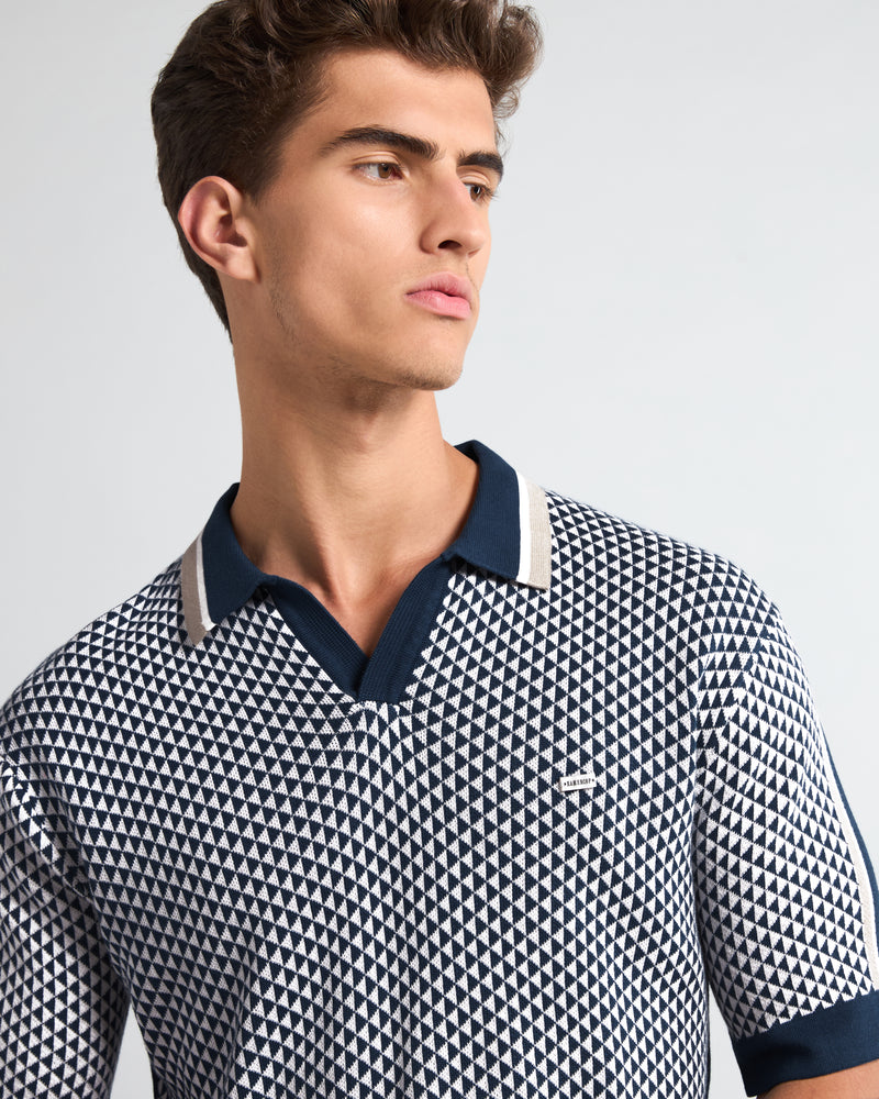 Tuna Blue With White Knitted Cotton Polo T-Shirt