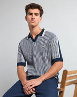 Tuna Blue With White Knitted Cotton Polo T-Shirt
