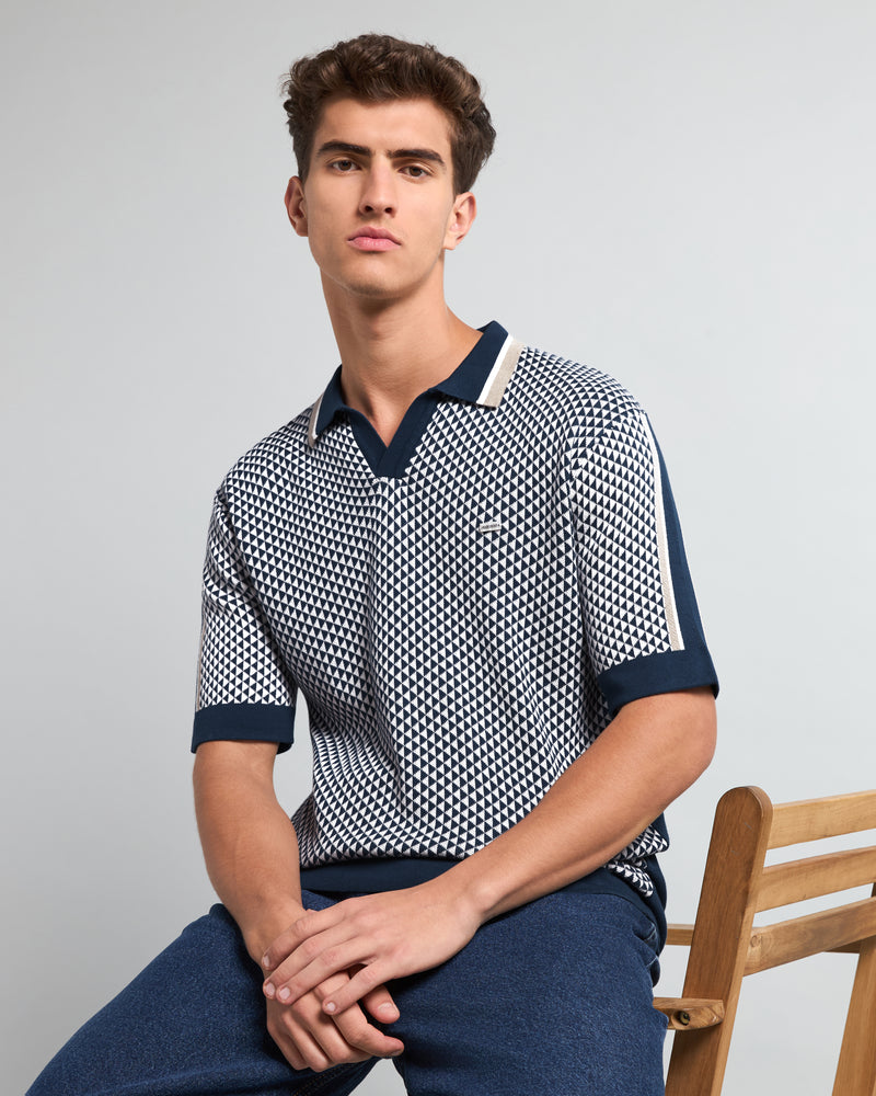 Tuna Blue With White Knitted Cotton Polo T-Shirt