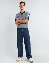 Tuna Blue With White Knitted Cotton Polo T-Shirt