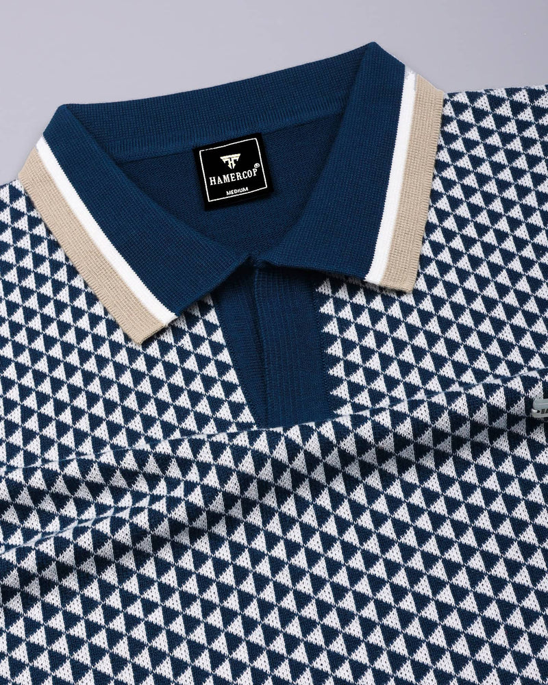 Tuna Blue With White Knitted Cotton Polo T-Shirt