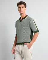 Tuna Green With White Knitted Cotton Polo T-Shirt