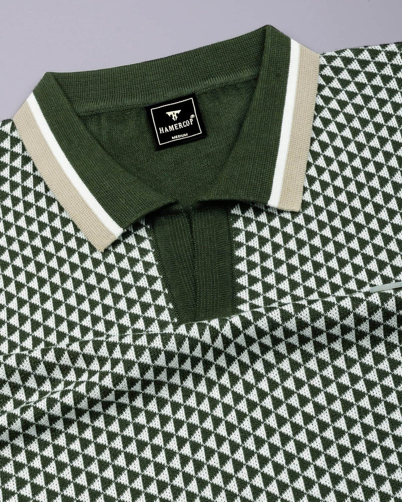Tuna Green With White Knitted Cotton Polo T-Shirt