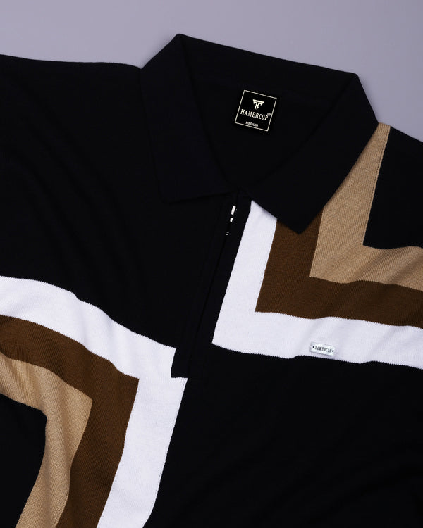Kelvin Black Knitted Cotton Zipper Polo Designer T-Shirt