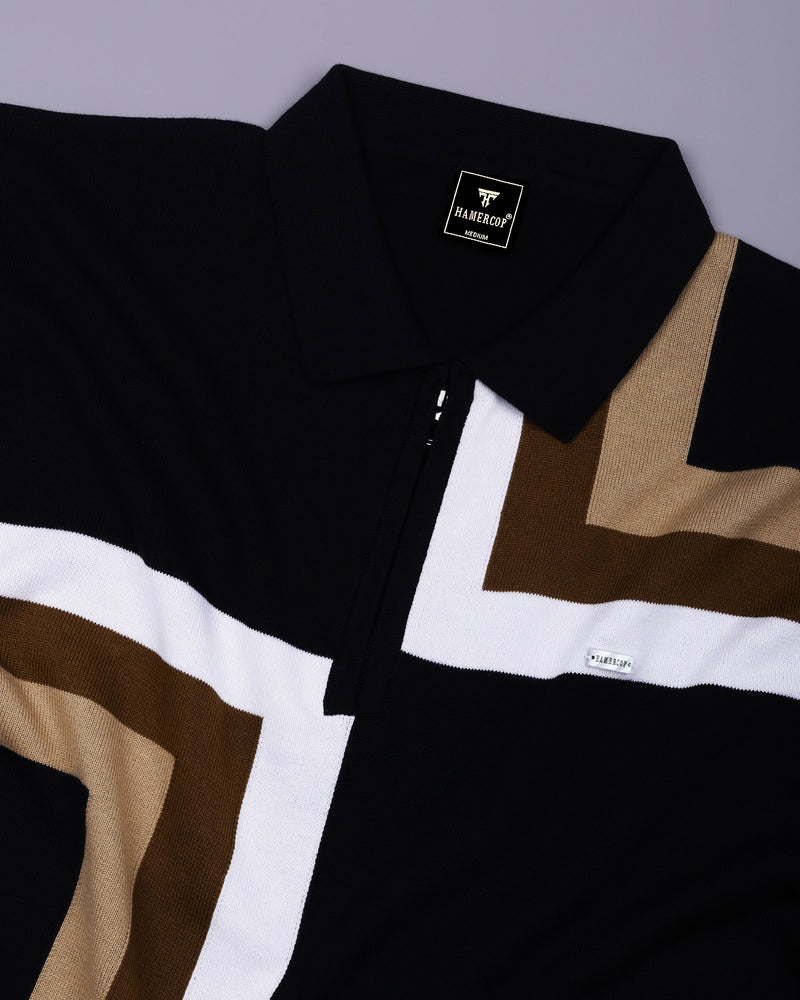 Kelvin Black Knitted Cotton Zipper Polo Designer T-Shirt