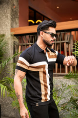 Kelvin Black Knitted Cotton Zipper Polo Designer T-Shirt