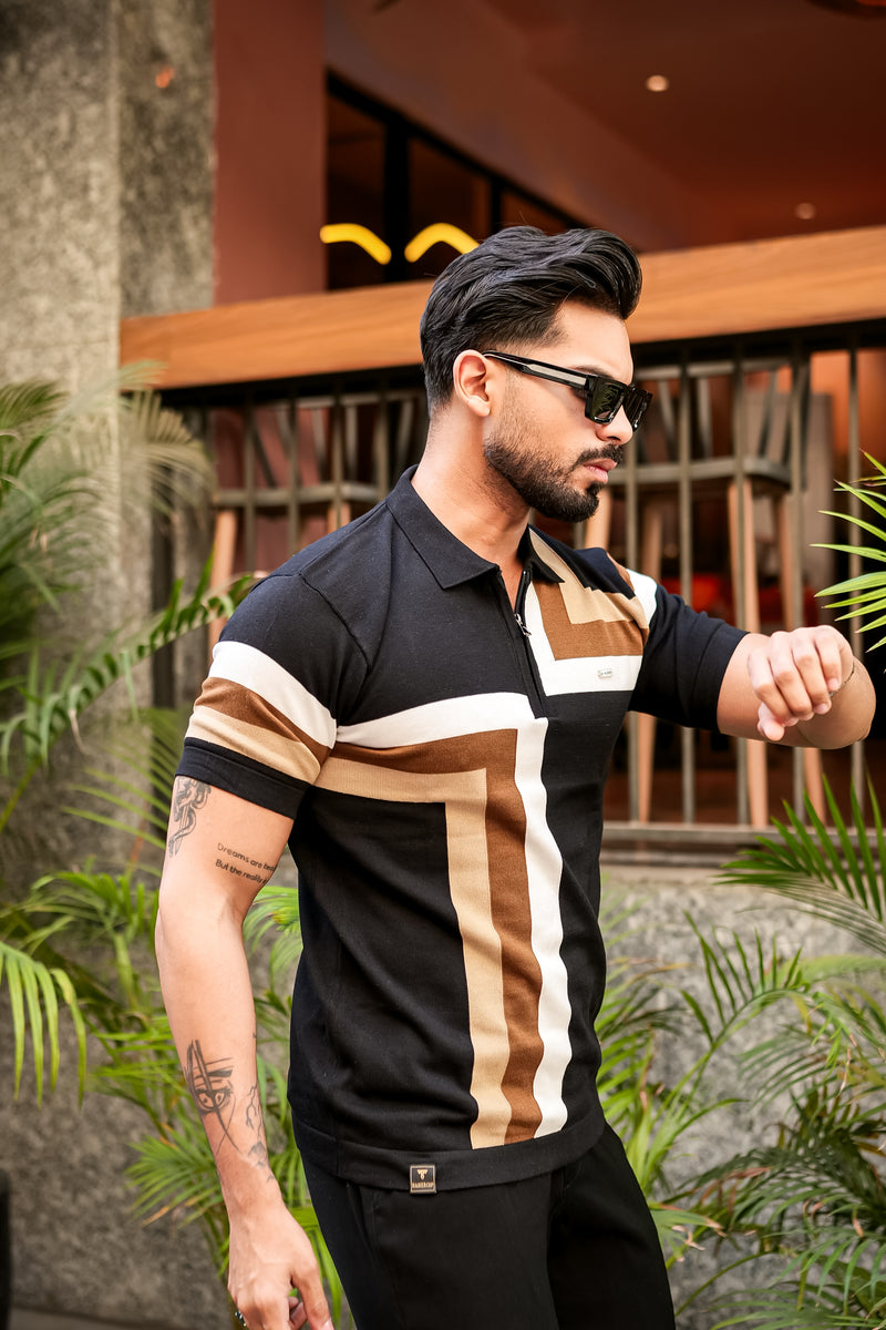 Kelvin Black Knitted Cotton Zipper Polo Designer T-Shirt for Men