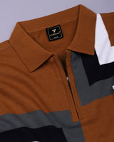 Kelvin Mustard Brown Knitted Cotton Zipper Polo Designer T-Shirt