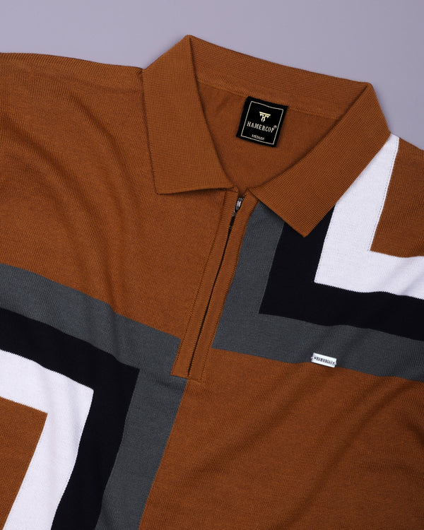 Kelvin Mustard Brown Knitted Cotton Zipper Polo Designer T-Shirt
