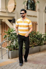 Eclair Turmeric Yellow Knitted Cotton Zipper Polo T-Shirt