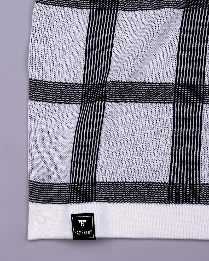 Zota White With Black Check Knitted Cotton Polo T-Shirt