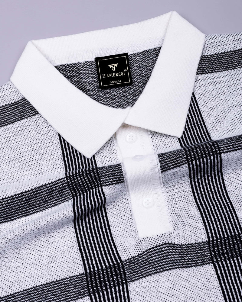 Zota White With Black Check Knitted Cotton Polo T-Shirt