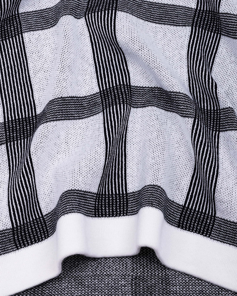 Zota White With Black Check Knitted Cotton Polo T-Shirt