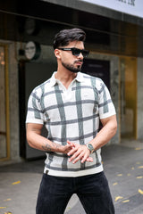 Zota White With Black Check Knitted Cotton Polo T-Shirt