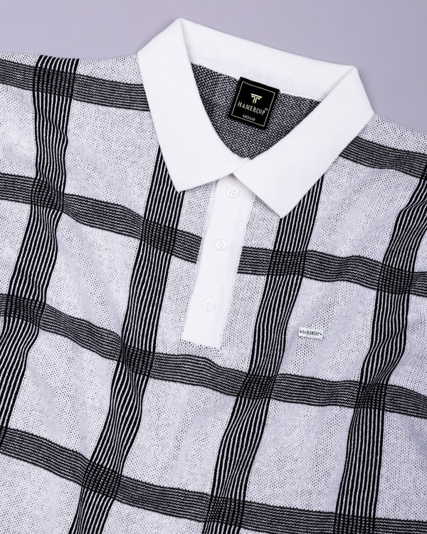Zota White With Black Check Knitted Cotton Polo T-Shirt