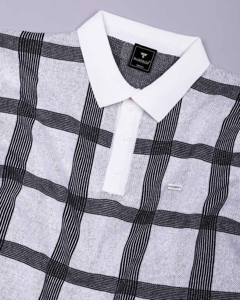 Zota White With Black Check Knitted Cotton Polo T-Shirt