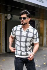 Zota White With Black Check Knitted Cotton Polo T-Shirt