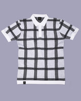 Zota White With Black Check Knitted Cotton Polo T-Shirt