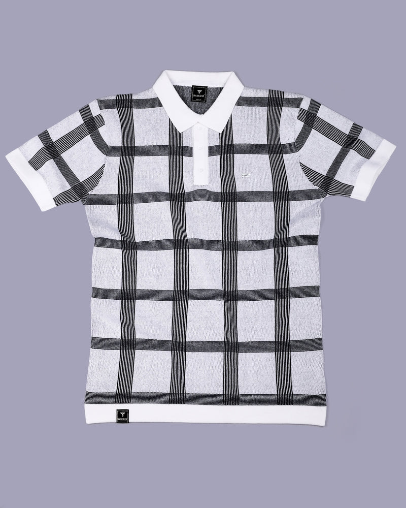 Zota White With Black Check Knitted Cotton Polo T-Shirt