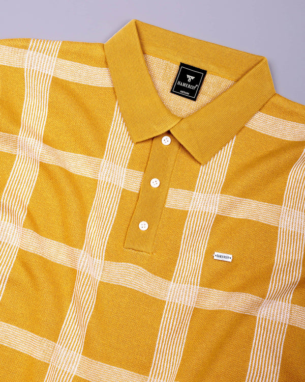 Zota Yellow With White Check Knitted Cotton Polo T-Shirt