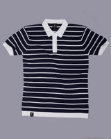 Selvin Blue With White Stripe Knitted Cotton Polo T-Shirt