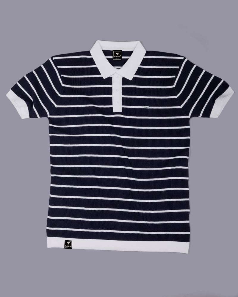 Selvin Blue With White Stripe Knitted Cotton Polo T-Shirt
