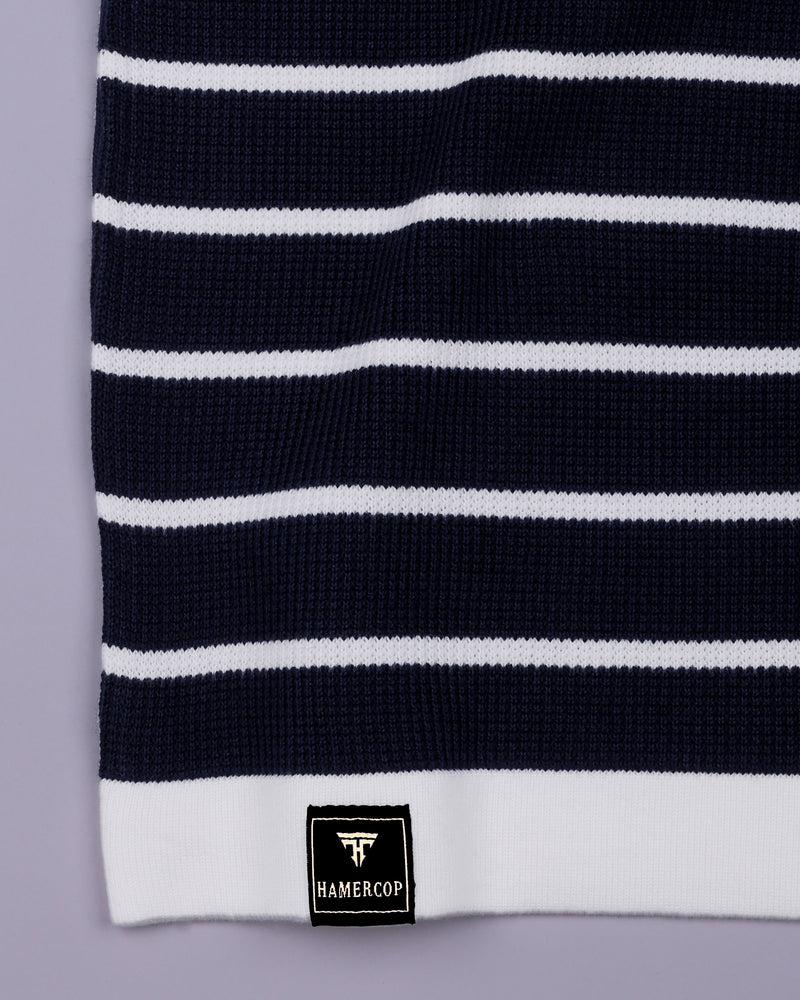 Selvin Blue With White Stripe Knitted Cotton Polo T-Shirt