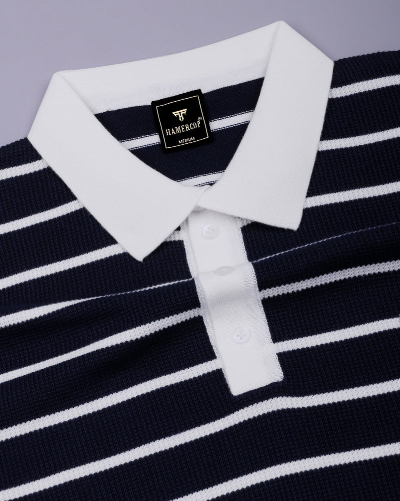 Selvin Blue With White Stripe Knitted Cotton Polo T-Shirt