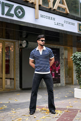 Selvin Blue With White Stripe Knitted Cotton Polo T-Shirt