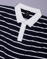 Selvin Blue With White Stripe Knitted Cotton Polo T-Shirt