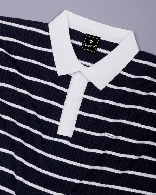 Selvin Blue With White Stripe Knitted Cotton Polo T-Shirt