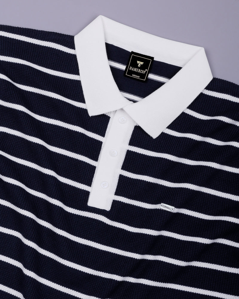 Selvin Blue With White Stripe Knitted Cotton Polo T-Shirt